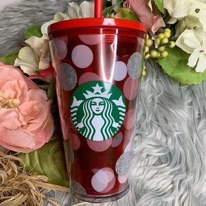 🆕 Starbucks polka dot pink red 16oz tumbler Xmas